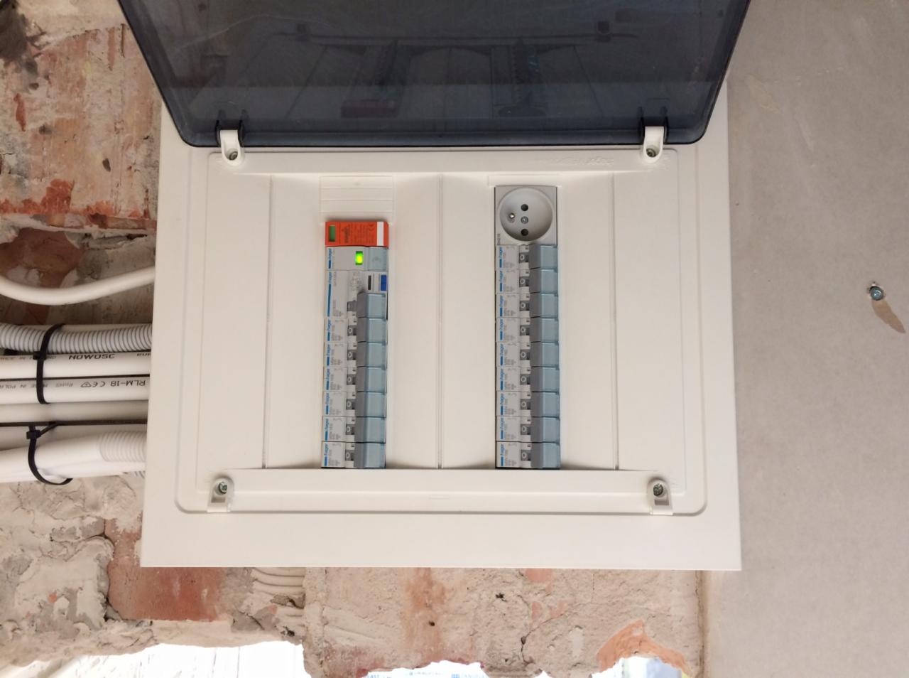 Otwarta skrzynka z bezpiecznikami na ścianie, widoczne kable w peszlach, surowy tynk.