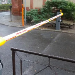 Szlaban automatyczny z żółtą lampą ostrzegawczą, widoczne logo CAME na szarej obudowie, tło z zielenią i mokrą nawierzchnią.