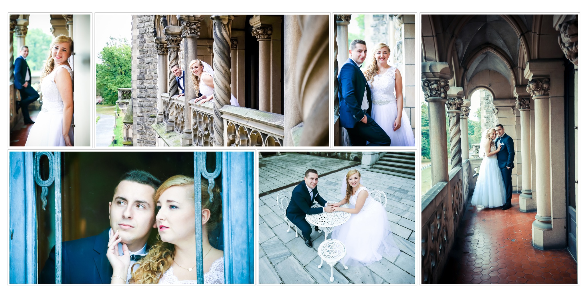 Kolaż zdjęć ślubnych pary w plenerze: panna młoda w białej sukni, pan młody w granatowym garniturze, ujęcia z balkonu z kolumnami, siedzący przy białym stoliku, patrzący przez ozdobne kraty.