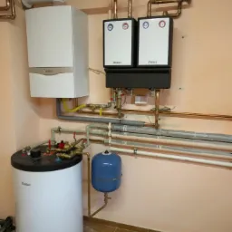 Kotłownia z dwoma wiszącymi kotłami, zasobnikiem ciepłej wody i naczyniem przeponowym, rury miedziane i plastikowe, widoczne narzędzia hydrauliczne w rogu.