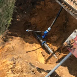 Wykop z widoczną instalacją wodociągową z niebieskimi elementami złącznymi, częściowo wypełniony ziemią, z fragmentem drabiny i deski w kadrze.