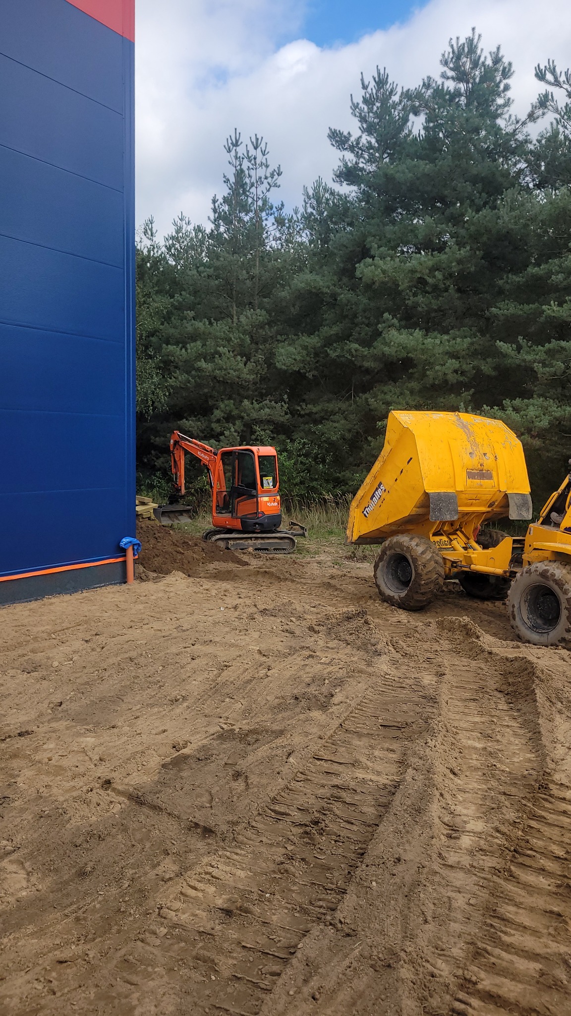 Pomarańczowa mini koparka Kubota i żółta wywrotka Thwaites na placu budowy, na tle lasu i niebieskiej hali. Widoczne ślady opon na ziemi.