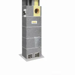 Prezentacja modułowego systemu kominowego z szarej, teksturowanej cegły z widocznymi elementami wentylacyjnymi, inspekcyjnymi i wykończeniowymi.