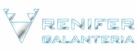 Logo firmy Renifer Galanteria z geometrycznym symbolem po lewej stronie, w kolorystyce srebrno-błękitnej z efektem 3D.