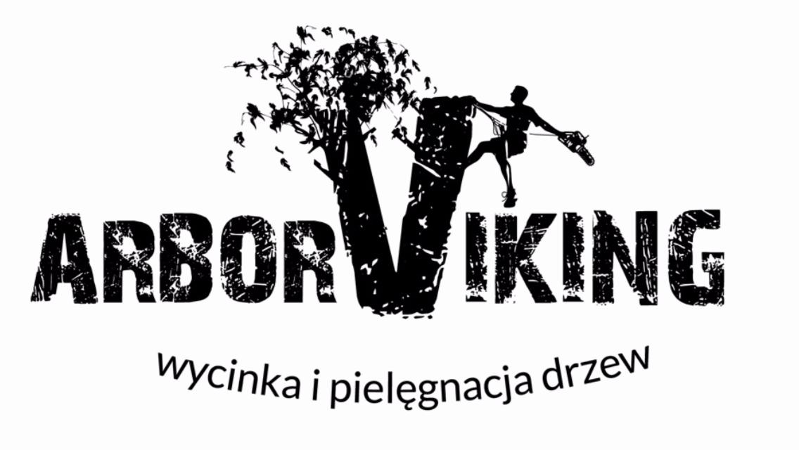 Logo firmy Arbor Viking przedstawia sylwetkę wspinacza z piłą łańcuchową na drzewie, stylizowane litery z efektem zniszczenia oraz napis 'wycinka i pielęgnacja drzew'.