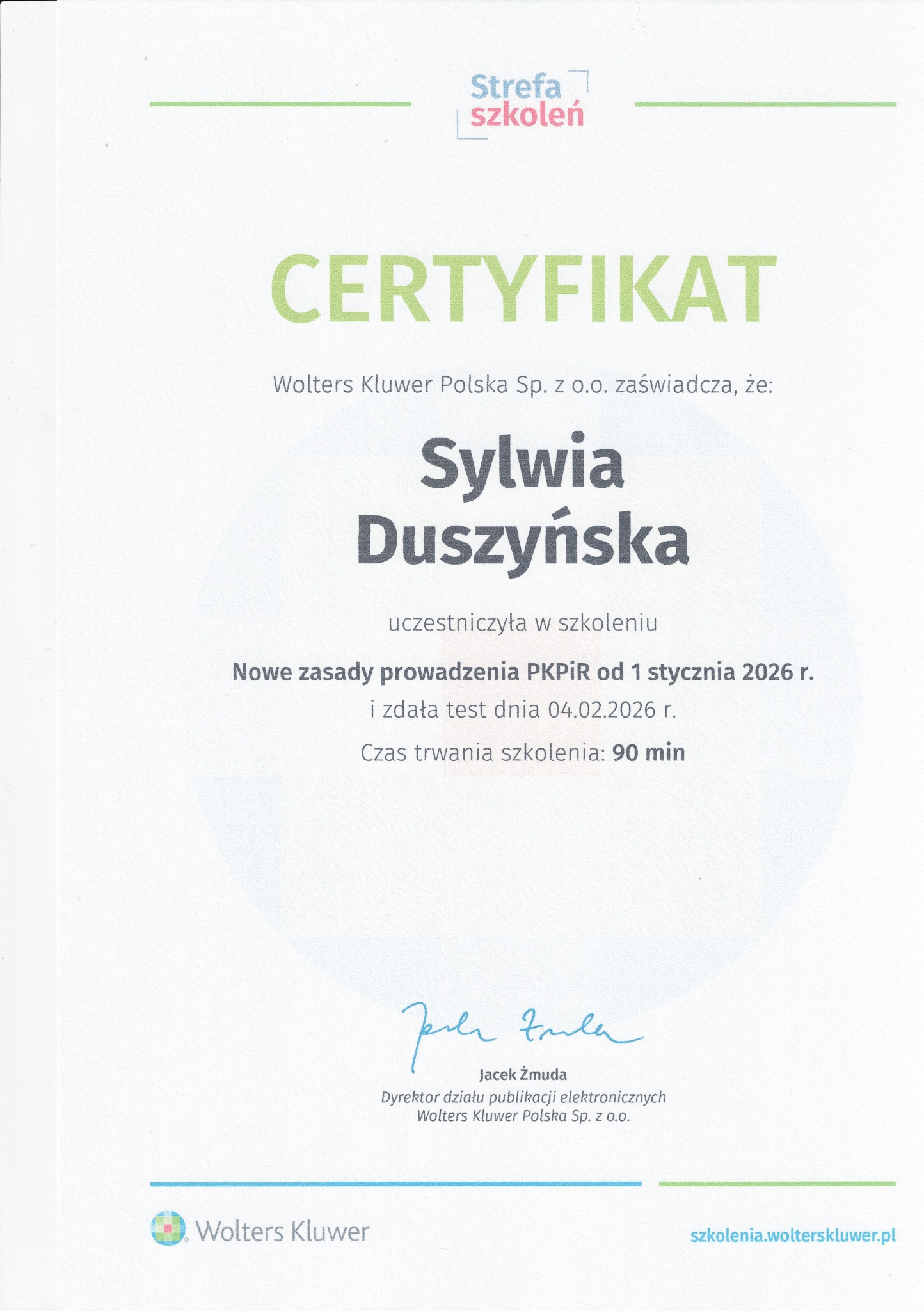 Certyfikat ukończenia szkolenia z zakresu PKPiR dla Sylwii Duszyńskiej, wydany przez Wolters Kluwer Polska Sp. z o.o. z datą 04.02.2026.