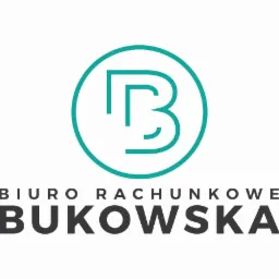 Minimalistyczne logo z inicjałem 'B' w turkusowym okręgu, nad nazwą firmy 'Bukowska' w ciemnoszarym kolorze. Prosty, nowoczesny design.