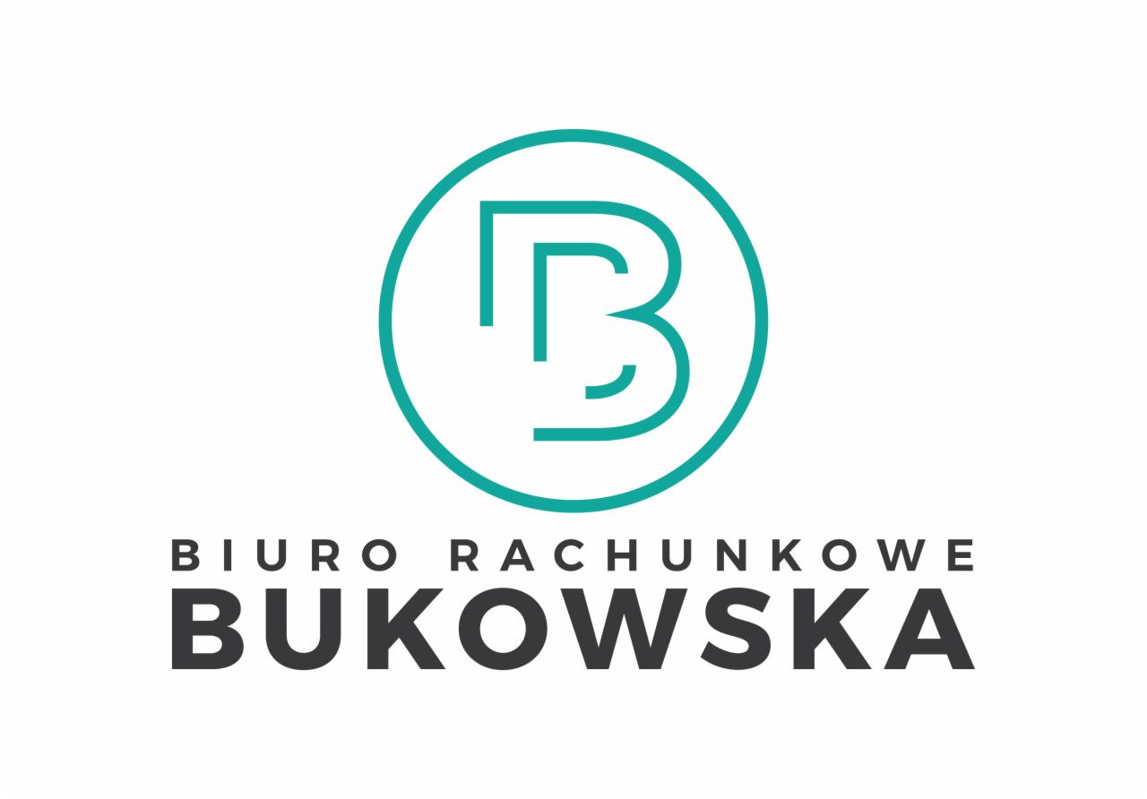 Minimalistyczne logo z inicjałem 'B' w turkusowym okręgu, nad nazwą firmy 'Bukowska' w ciemnoszarym kolorze. Prosty, nowoczesny design.