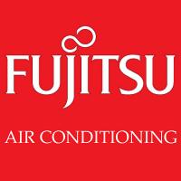 Czerwone tło z białym logo i napisem FUJITSU AIR CONDITIONING, widoczne charakterystyczne logo firmy FUJITSU.