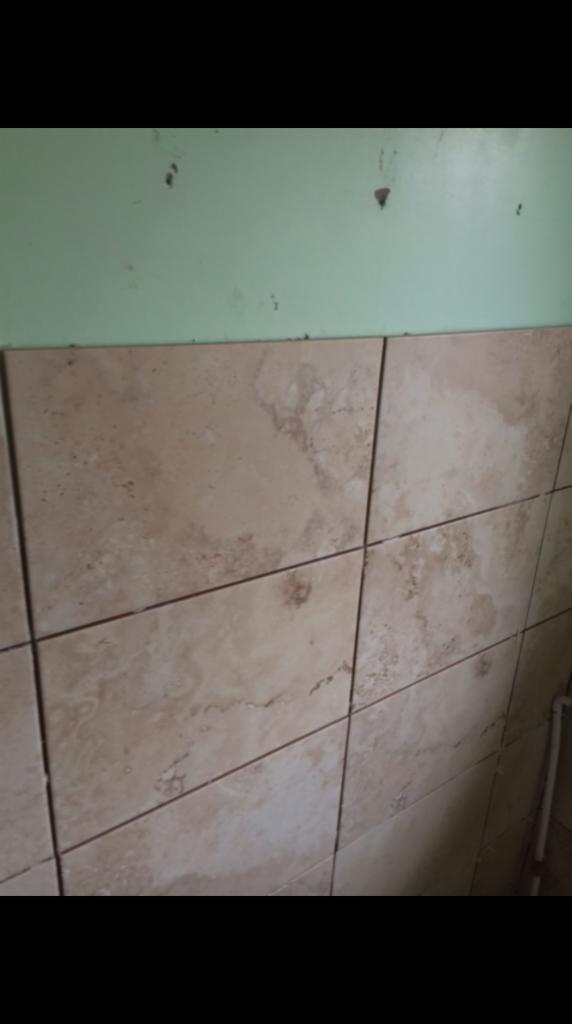 Ułożone płytki ceramiczne o beżowym, marmurkowym wzorze na ścianie, widoczna górna część ściany pomalowana na jasnozielono z drobnymi zabrudzeniami.