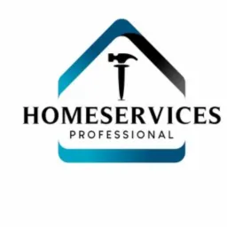 Logo firmy Homeservices Professional z sylwetką domu i młotkiem, gradient koloru niebiesko-czarnego.