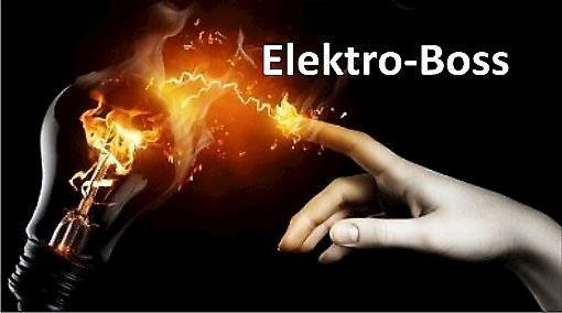 Ilustracja koncepcyjna przedstawiająca żarówkę, od której odchodzi iskra w kierunku palca ludzkiej dłoni, z napisem 'Elektro-Boss' u góry.