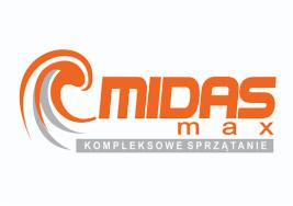 Pomarańczowe logo firmy Midas Max z motywem fali i napisem 'kompleksowe sprzątanie' na szarym tle.