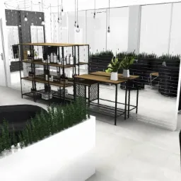 Wizualizacja nowoczesnego biura z czarnymi fotelami, regałami z kosmetykami, białymi ścianami i roślinami w donicach.