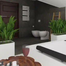 Wizualizacja nowoczesnej łazienki z ciemnoszarą płytką, białą wanną z hydromasażem, toaletą i bidetem, oświetleniem LED, drewnianym stolikiem z dekoracjami i zielonymi roślinami w białych donicach.
