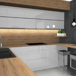 Wizualizacja nowoczesnej kuchni z drewnianym blatem, białymi szafkami na wysoki połysk, czarnym zlewem i płytą indukcyjną, oświetleniem LED pod szafkami, dwoma metalowymi stołkami barowymi...