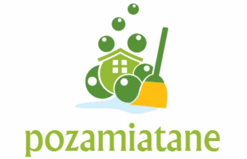 Logo firmy sprzątającej 'pozamiatane' z Dobrzyniewa Dużego: zielony dom w otoczeniu bąbelków i żółta zmiotka na białym tle.