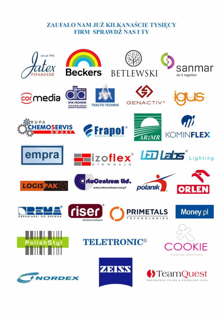Kolaż logo różnych firm, w tym Beckers, Orlen, Zeiss, TeamQuest, Frapol, Sanmar, Teletronic, z tekstem 'Zaufało nam już kilkanaście tysięcy firm. Sprawdź nas i ty'.