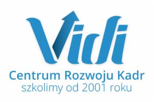 Logo firmy Vidi Centrum Rozwoju Kadr z niebieskim znakiem graficznym przypominającym literę V z strzałką skierowaną ku górze, pod nim napis 'Centrum Rozwoju Kadr szkolimy od 2001 roku'.