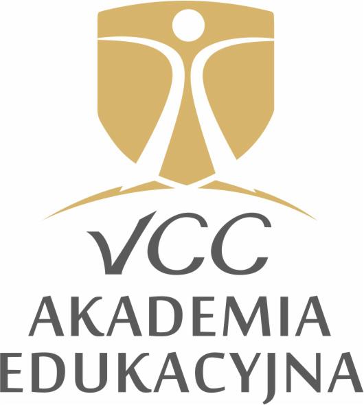 Logo VCC Akademia Edukacyjna z Jastrzębia-Zdroju. Złoty herb z białą sylwetką człowieka, szare litery VCC i napis AKADEMIA EDUKACYJNA.