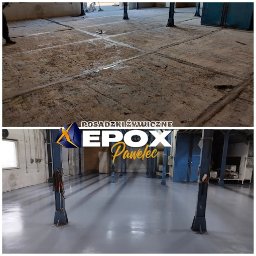 EPOX Damian Pawelec - Porównanie stanu posadzki przemysłowej przed i po nałożeniu szarej żywicy epoksydowej, widoczne metalowe słupy i ślady po podziałach na sekcje.