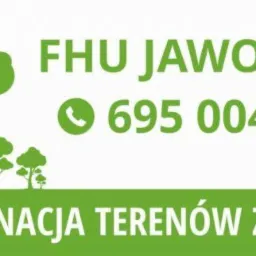 Grafika reklamowa firmy FHU Jaworski z numerem telefonu i napisem 'Pielęgnacja terenów zieleni', z zielonymi drzewami w tle.