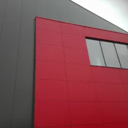 Fragment ściany hali przemysłowej z czerwonymi płytami warstwowymi i oknem, połączony z szarą, falistą blachą trapezową na górze.