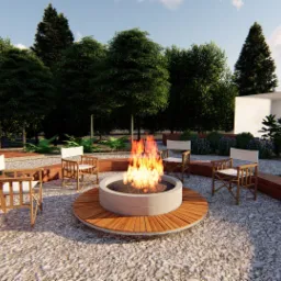 Wizualizacja ogrodu z okrągłym paleniskiem otoczonym drewnianym siedziskiem i krzesłami, na żwirowym podłożu, z zielenią w tle i hamakiem po lewej stronie.