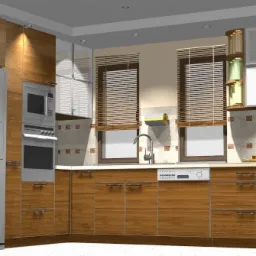 Wizualizacja kuchni z drewnianymi frontami szafek, srebrną lodówką z kostkarką, wbudowanym piekarnikiem i mikrofalówką, oraz dwoma oknami z żaluzjami.