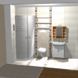 Wizualizacja 3D nowoczesnej łazienki z kabiną prysznicową, umywalką z szafką, toaletą i drewnianymi akcentami dekoracyjnymi.