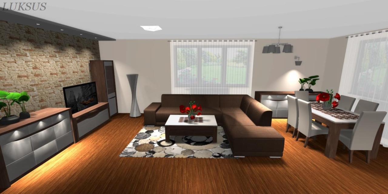 Wizualizacja przestronnego salonu z brązowym narożnikiem, białym stolikiem kawowym na okrągłym dywanie, ścianą z dekoracyjnej cegły i drewnianą podłogą.