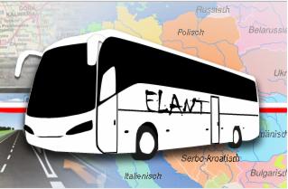 Szkic autobusu turystycznego z napisem 'ELANT' na tle mapy Europy Środkowo-Wschodniej, z zaznaczoną Polską i drogą w perspektywie.