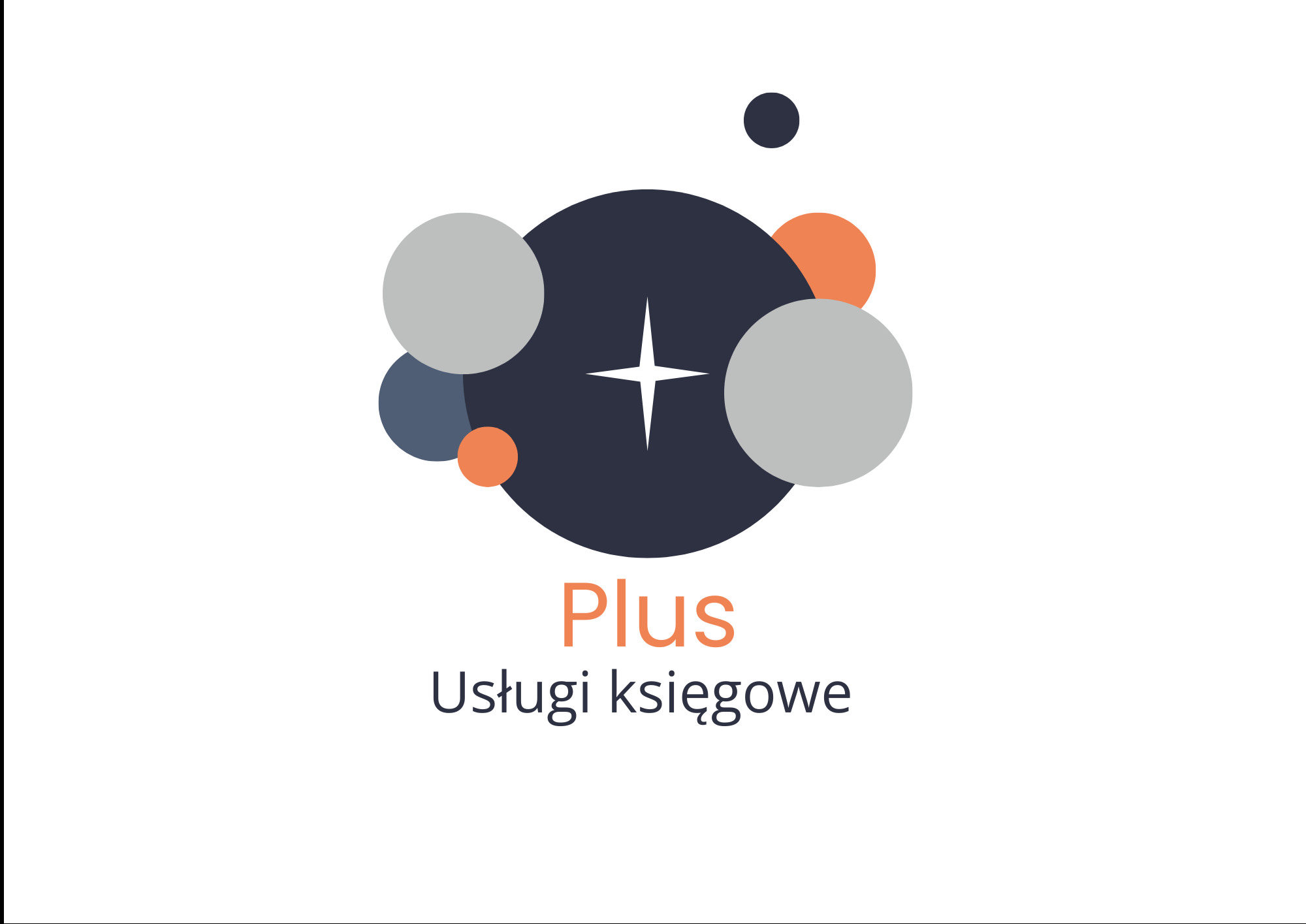 Graficzne logo firmy 'Plus Usługi księgowe' na białym tle. Logo składa się z ciemnogranatowej kuli z białym plusem w środku, otoczonej kolorowymi okręgami.