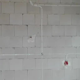 Białe kable elektryczne poprowadzone po surowej ścianie z betonu komórkowego, widoczne puszki instalacyjne z czerwonymi elementami.