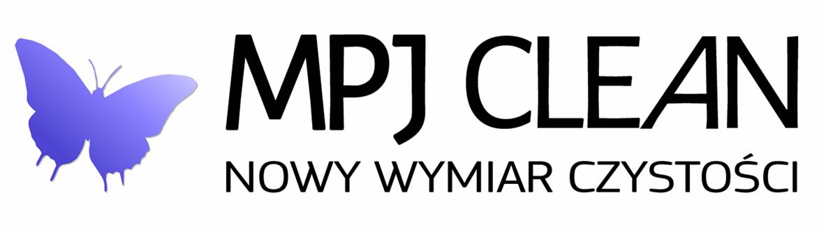 Logo firmy sprzątającej MPJ CLEAN z motywem motyla w kolorze fioletowym i hasłem 'Nowy wymiar czystości'.