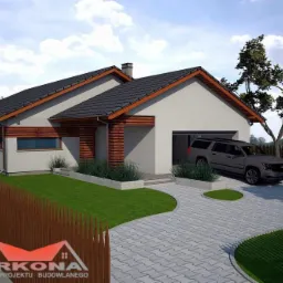 Wizualizacja parterowego domu jednorodzinnego z garażem, wykończonego drewnianymi elementami elewacji, z podjazdem z kostki brukowej i zaparkowanym szarym SUV-em.