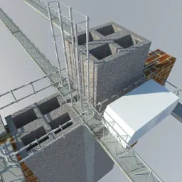 Wizualizacja 3D konstrukcji budynku z betonu komórkowego, zbrojenia i fragmentu ściany z cegły, ukazująca etap budowy.