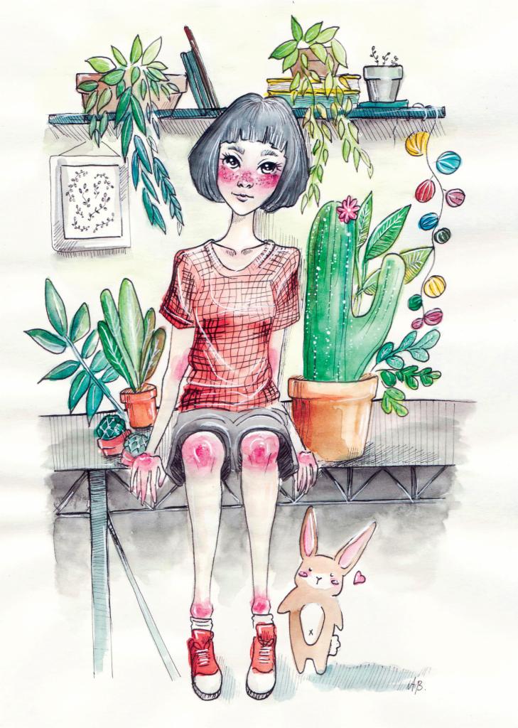Akwarelowa ilustracja przedstawiająca dziewczynę siedzącą na półce otoczoną roślinami doniczkowymi, z pluszowym króliczkiem obok niej, w tle półka z książkami i ramka z motywem roślinnym.