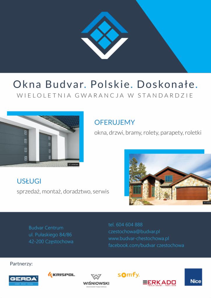 Reklama firmy Budvar oferującej okna, drzwi, bramy i rolety, z prezentacją bram garażowych i domu jednorodzinnego z zamontowaną bramą garażową.