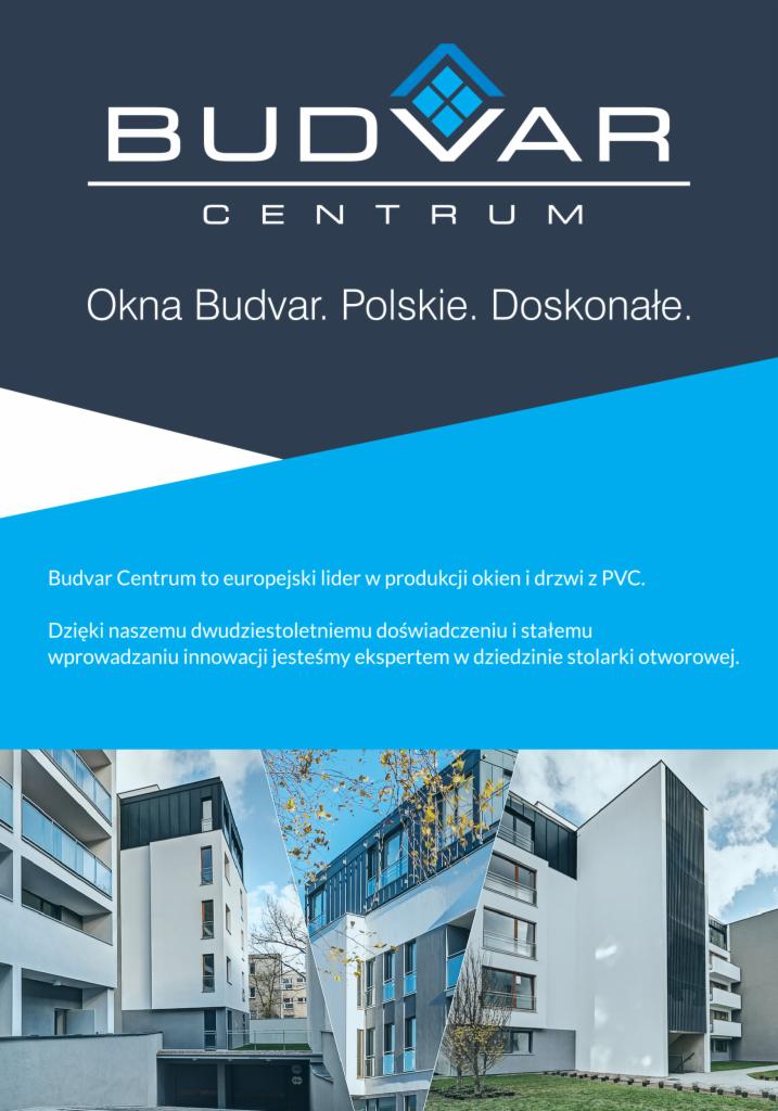Grafika reklamowa Budvar Centrum prezentująca logo firmy, hasło 'Okna Budvar. Polskie. Doskonałe.' oraz kolaż zdjęć nowoczesnych budynków z oknami i drzwiami z PVC.
