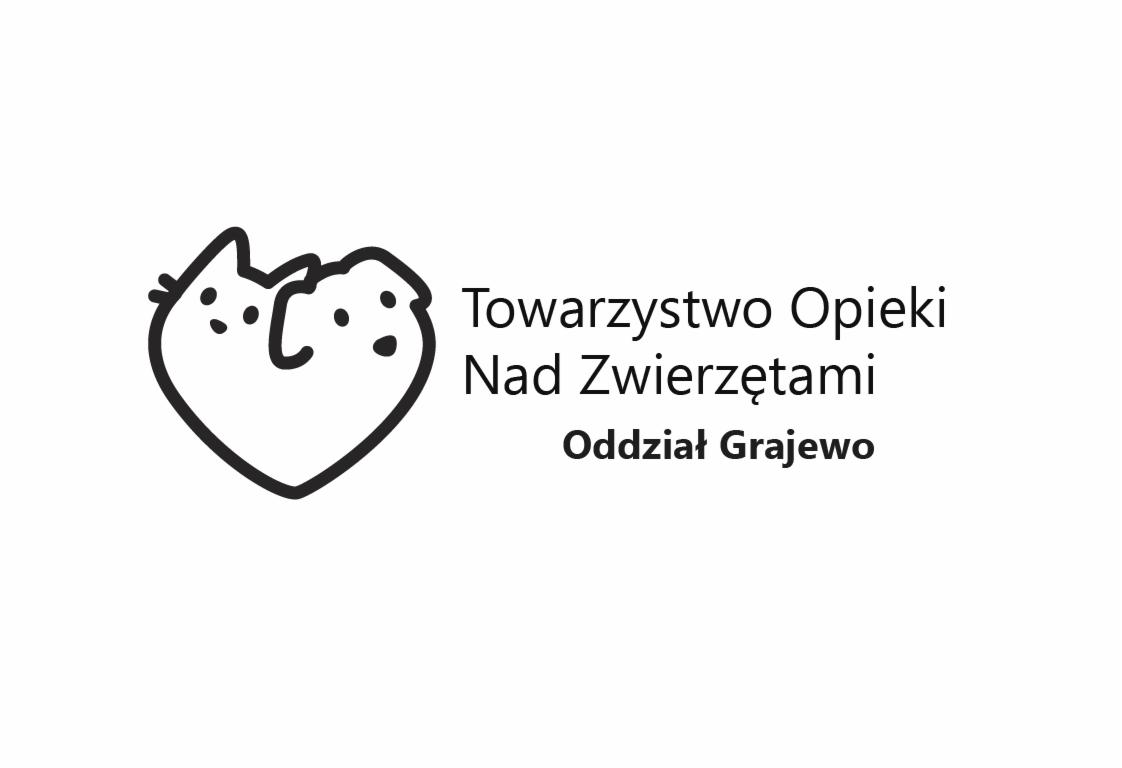 Czarno-białe logo Towarzystwa Opieki Nad Zwierzętami Oddział Grajewo, z graficznym symbolem przypominającym kota w sercu.