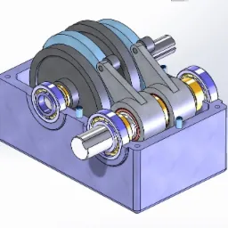 Model 3D przekładni mechanicznej w obudowie, widoczne łożyska, wały i elementy łączące.