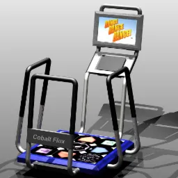 Symulator do gry tanecznej Cobalt Flux z ekranem wyświetlającym napis 'Dance Dance Dance!', na szarym tle.