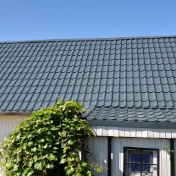 Dom z szarą blachodachówką modułową, widoczna elewacja drewniana, okno z kratą, pnącza roślin i niebieskie niebo.