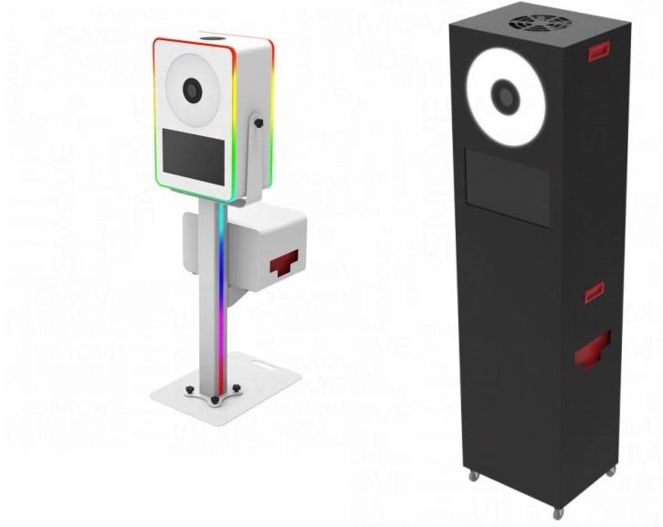 Dwie fotobudki: biała, podświetlana tęczowymi diodami LED i czarna, w kształcie prostopadłościanu, na kółkach.