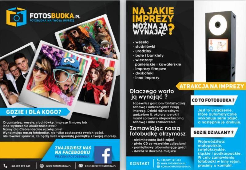 Ulotka reklamowa fotobudki prezentująca zdjęcia z imprez z wykorzystaniem gadżetów, wesela, studniówki, urodziny, bale, wieczory panieńskie i kawalerskie, imprezy firmowe, dyskoteki i inne imprezy.