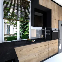 Nowoczesna kuchnia - projekt - połączenie marmurowego blatu z drewnem