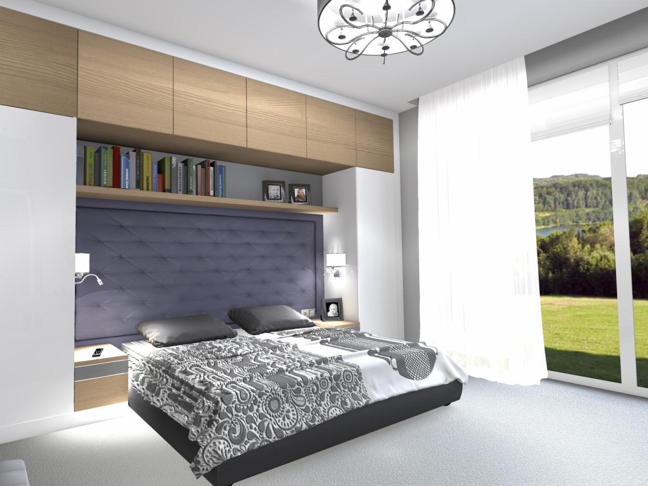 Funkcjonalna zabudowa nad łóżkiem - projekt sypialni