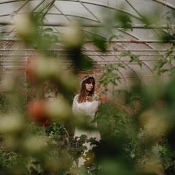 Pracownia KRA - Kobieta w białej sukience i wianku na głowie pozuje w szklarni, widoczna przez rośliny pomidorów.