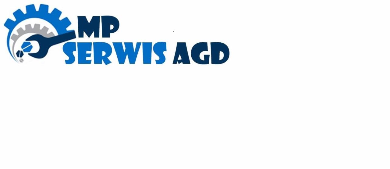 Niebiesko-szare logo firmy MP Serwis AGD z kluczem francuskim i zębatką.